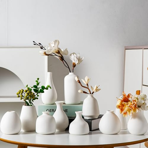 Tanvecle Weiße Keramik Knospenvase 11er Set, Kleine Vasen für Pampasgras, Blumen, Mini Vasen für Moderne Wohnkultur, Minimalistische Dekor, für Wohnzimmer, Esstisch & Regale
