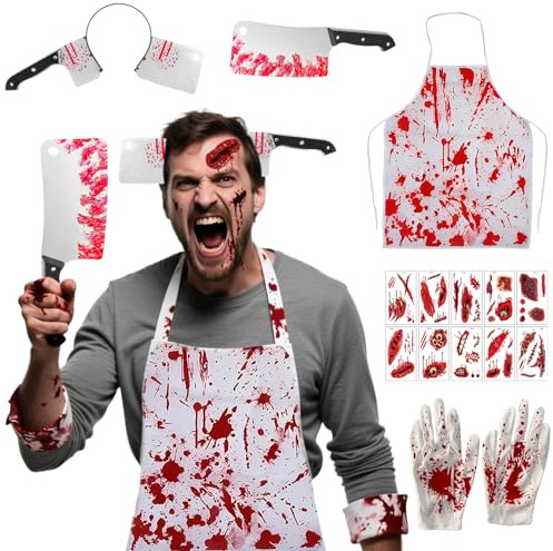 Forbabe Costume d'Halloween pour homme et femme, costume de boucher, costume d'horreur pour adulte, avec couteau avec sang, serre-tête, couteau, gants, tablier , 10 tatouages d'Halloween