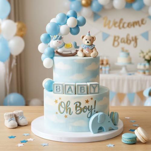 BACH AND BOOZY Blauer Bär Kuchendekoration Blaue Bären Kuchendekoration Goldkugeln Kuchentopper Baby Shower Geburtstag
