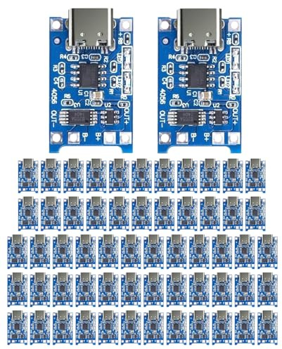 Ruonfash 60 Stück TP4056 Batterieladungsmodul und Schutzschaltung (2-in-1), USB Type-C 5V 1A Li–Ion Lithium-Akku-Ladeplatine Ladegerät Modul mit Doppelten Schutzfunktionen