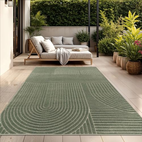 TT Home Outdoor Teppich 160x220 cm Grün, Wetterfest & Robust Japandi Skandi Design mit Geometrischer 3D-Optik, für Terrasse & Wohnzimmer
