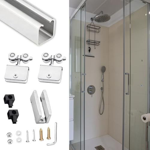 Sliding Door Hardware for 1/4 Thick Glass Panels, Silent Sliding Closet Door Track Replacement, Shower Slide Glass Door Rail Repair Set(Silver,152in/386cm)