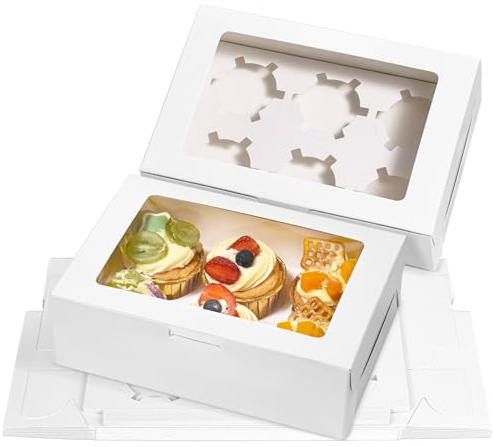 Lychico 6-Cupcake Carrier Box with Window（10 Pack） - Premium White Cardboard Pastry Box with Secure Lock, No-Glue Assembly for Transporting & Displaying Cupcakes, Muffins, Cookies