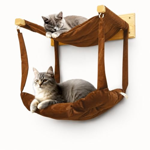 myHANA Katzen Hängematte Wand 2-Stöckig, Katzenwand aus massivem Kiefernholz mit Hängematte aus 80% Baumwolle, waschbar, Katze Kletterwand, Liegeplatz für Katzen