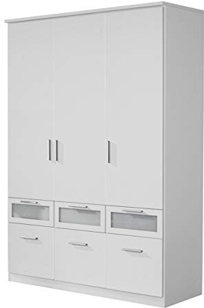 Rauch Möbel Bochum Schrank Kleiderschrank Drehtürenschrank 3-türig mit 6 Schubladen, Weiß/Milchglas, BxHxT 136x199x56 cm