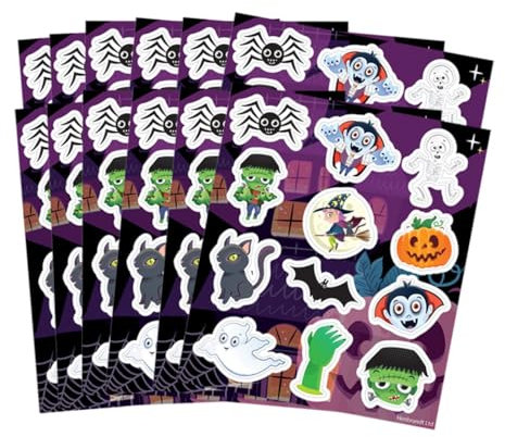 Henbrandt 12x Halloween Stickers Sheets Mini Halloween Stickers for Children Trick or Treat Party Bag Fillers Reward Stickers Arts and Crafts for Kids Loot Bag Lucky Dip Favours for Girls and Boys