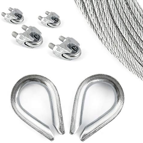 SET 100m câble acier galvanisé 6x19 6mm + 4 serre-câbles étrie et 2 cosse coeur