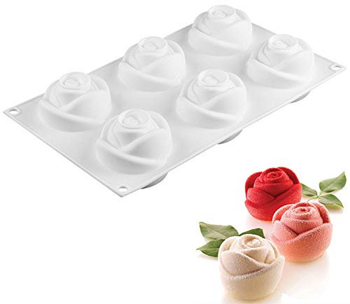 molde de silicona 3d, moldes silicona para postres pudín, 6 cavidades Forma de Rosa, blanco