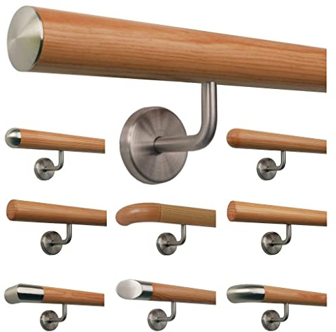 Lärche Holz Treppe Handlauf Geländer Griff gewinkelte Edelstahlhalter, Länge 30-500 cm aus einem Stück/Variante:100 cm mit 2 Halter - Enden: leicht gewölbte Edelstahlkappe