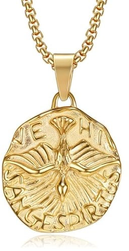 BOBIJOO JEWELRY - Pendentif Collier Médaille Saint Esprit Colombe Veni Sancte Spiritus Acier Plaqué Doré Or Chaîne