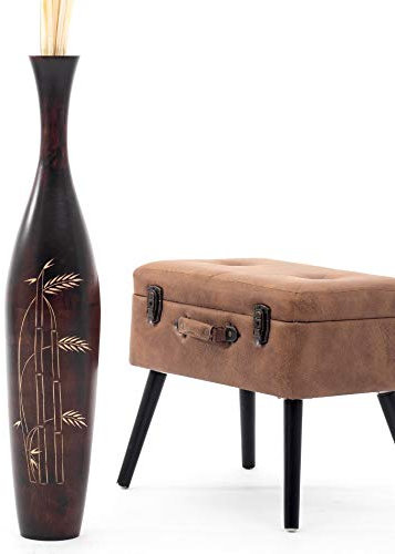 Leewadee Große Deko Bodenvase Für Dekozweige, Hohe Standvase Für Pampasgras, Design Holzvase, 85 cm, Braun