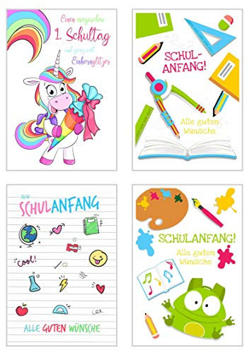 Set 4 exklusive Karten zur Einschulung mit Umschlag. Glückwunschkarte Grusskarte Einschulungskarte Doppelkarte Schulanfang Schuleinführung
