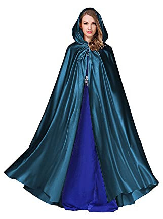 BEAUTELICATE Umhang Damen mit Kapuze Satin Cape Mantel Lang für Hochzeit Brautkleid Fasching Halloween Kostüm Mittelalter Robe Vampir Hexen (Pfauen Blau, Einheitsgröße)