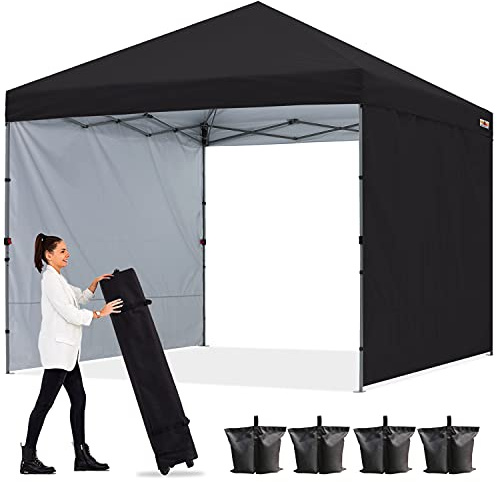 ABCCANOPY Faltpavillon UV50+ mit 2 Seitenwänden, Schwarz 270 cm | 500D Polyester,wasserdicht, 4 Sandsäcke & Rolltragetasche – für Garten & Camping