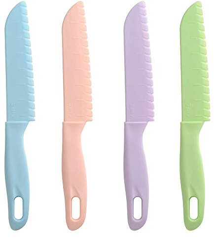 Cuchillos de Cocina de Plástico,4 Pack Cuchillos de Cocina de Nailon Juego Cuchillos de Seguridad para Niños Cuchillo para Pan Ensalada de Lechuga Fruta Sin BPA