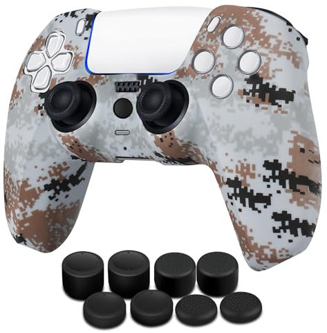 TNP Controller Cover Hülle + 8 Daumengriffe Set Kompatibel mit Sony PS5 Playstation 5 - Schützendes weiches Silikongel & rutschfeste Stick Caps Zubehör für Videospiele Gaming Gamepad, Camo-Mosaik Grau