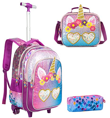HTgroce Einhorn Smiley Rucksack Rollkabine Gepäckkabine Freizeitreise Kind Mädchen Junge Grundschule Kindergarten Set Mädchen Rollrucksäcke, Einhorn Lunch Bag Travel Kit 3St