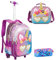 HTgroce Einhorn Smiley Rucksack Rollkabine Gepäckkabine Freizeitreise Kind Mädchen Junge Grundschule Kindergarten Set Mädchen Rollrucksäcke, Einhorn Lunch Bag Travel Kit 3St