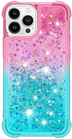 iPhone 13 Pro Case Glitter 3D Cute Bling Sparkle Quicksand Flowing Liquid Clear Transparent TPU Gel Silicone ShockProof Protective Phone Cover for iPhone 13 Pro Case Girls, Pink & Blue