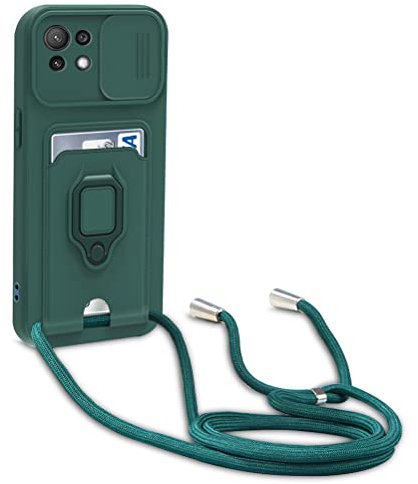 yanasuo Cover con Collana Compatibile con Xiaomi Mi 11 Lite 4G/5G/Mi 11 Lite 5G NE, Cover con Pratico Cordino, Slidable Protezione Fotocamera Slot Carte 360° Anello Supporto, Verde Scuro