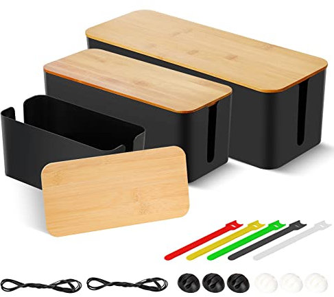 Kabel-Organizer Box für Kabelführung Steckdosenleiste 3 Größen Kabelbox ABS-Kunststoff Kabelmanagement-Box Holzdeckel Kabel Aufbewahrungsbox Multifunktional Kabel-Organizer-Box (Schwarz)