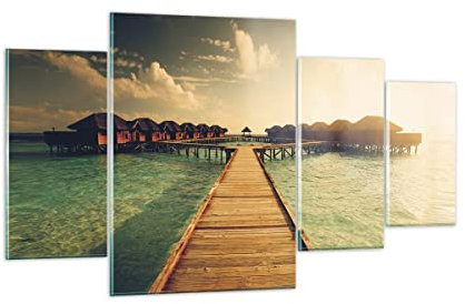ARTTOR Mehrteilige Bilder auf Glas 160x90cm Glasbild Malediven Ferienhäuser Wasser Groß XXL Wanddeko Schlafzimmer Küche Set 4 teilige Wandbilder Dekoration Wohnzimmer Modern Wand Art GDL160x90-4951