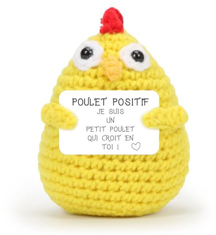 Poulet Positive, Poulet Positive en français, Peluche Poupées avec Carte Positive, Mini Motivantes Tricotée Poulet, Rigolo Créatifs Peluche Cadeaux pour Famille Homme Femme Enfant Couple Collegue