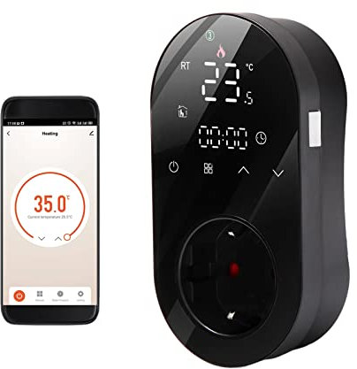 HUIOP Enchufe de Salida de termostato Digital WiFi Enchufe de Salida de 16A Aplicación Controlador de Temperatura de Enchufe de Control de Voz 5 + 1 + 1 Seis períodos y Modo de calefacción y