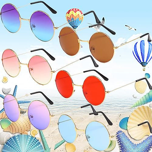 6 Stück Runde Hippie Farbige Brille, Retro Sonnenbrille 60er Jahre Style, Lustige Spiegel Partybrillen, Retro Kostüm Brille, Geeignet für 60er 70er Jahre Party Kostümzubehör, Foto-Requisiten(6 Farben)