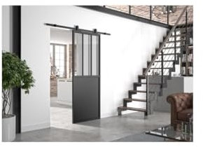 OPTIMUM Kit porte coulissante ATELIER noir + rail apparent - 204 x 93 cm - verre transparent
