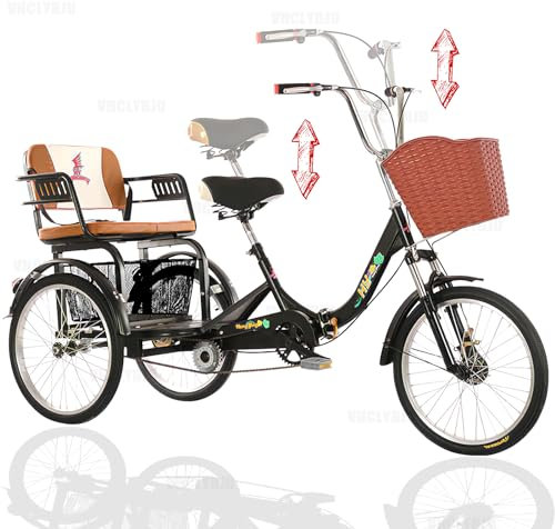 VHCLYBJU Dreirad für Erwachsene faltbar mit Kindersitz 3-Rad-Fahrrad für Damen Dreirad mit Korb mit Rücksitz 20 Zoll Fahrräder maximale Belastung von 440 lbs stoßdämpfende Gabel(black8)