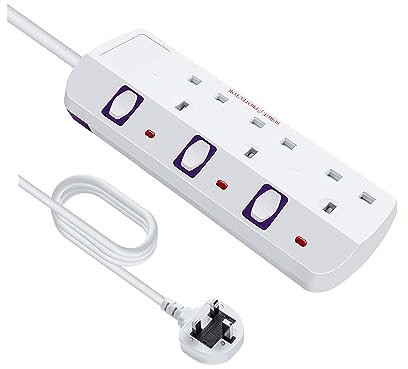 Extension Lead 3 Way Switches Plug Extension with 2M Cable, Multi Socket Home Electronics, Mountable Power Strip, White