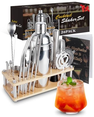 Trongle 26 Pieces Cocktail Shaker Set, 750ml Stainless Steel Cocktail Making Set, Wooden Display Stand, Cocktail Kit Accessories Great Cocktail Gift Sets for Home, Bar, Party, Christmas, Thanksgiving