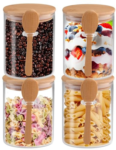 4 Pcs Glass Jars with Airtight Lid and Spoon, Overnight Oats Containers with Bamboo Lids, Glass Food Storage Canisters Yogurt Containers for Coffee Beans, Tea, Nuts, Candy, (20 Oz/600Ml)