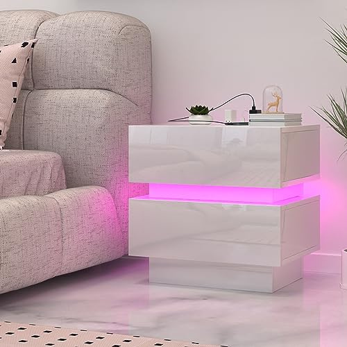 PIPIPOXER Nachttisch mit Steckdose und LED, Nachttisch Weiß Hochglanz Beistelltisch, Nachttische mit 2 Schubladen Nachtschrank für Wohnzimmer,Schlafzimmer