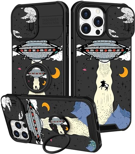 Pegmode (2in1 for iPhone 15 Pro Max Case for Women Cute Cartoon Teen Boys Phone Cases Fun Cool Black Unique Design with Slide Camera Cover+Ring Holder Funny Fashion for iPhone 15 ProMax Cover 6.7''