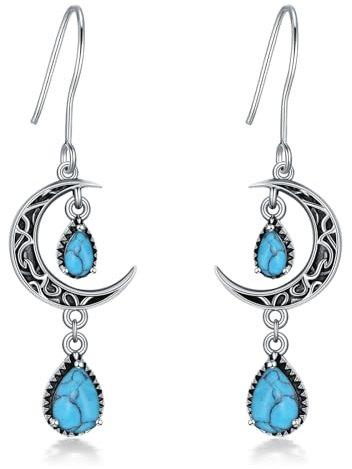 VONALA Boucles d'oreilles en argent sterling 925 avec pendentif lune celtique émeraude, améthyste, rubis, saphir, rose, péridot, aigue-marine, citrine, noir, topaze, 45*12mm, Argent, Zircone cubique