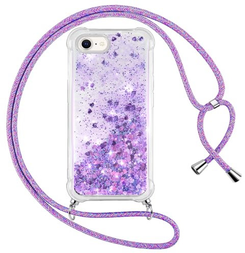Vauki Handykette für iPhone 8/7/iPhone SE 2020/SE 2022 Hülle mit Band, Silikon Durchsichtig Transparent Flüssig Glitzer mit Kette Kordel Treibsand Necklace TPU Schutzhülle Case für iPhone 8, Lila