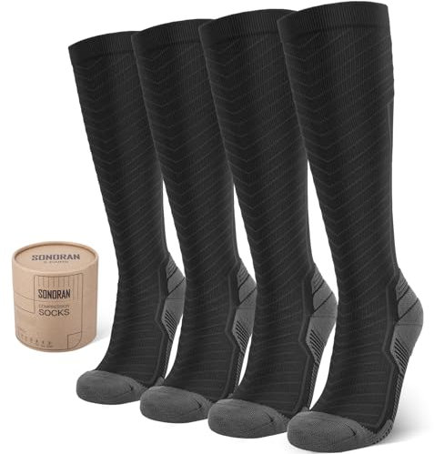 SONORAN 2 Pairs Kompressionsstrümpfe Damen und Herren Klasse 2 Stützstrümpfe Kompressionssocken Compression Socks Kompression für Running, Reisen, Sport XXL (Schwarz Grau)