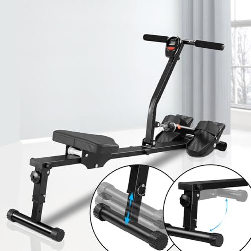 BAKAJI Máquina de Remo Plegable para casa, Ahorra Espacio y silencioso, Equipo de Entrenamiento para Interiores con Pantalla LCD y 12 Niveles de Resistencia, Capacidad de Carga 120 kg, Ideal para