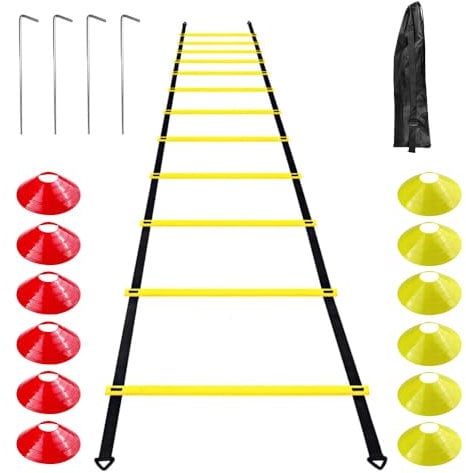 Frevoitna Accessori per l'allenamento di Calcio Scala di coordinazione Scala di Allenamento, Scale di coordinamento con 12 Coni 4 Pali Set di Allenamento per Il Calcio