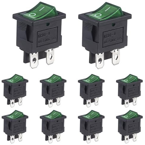 VEXUNGA Interruptor Basculante ON/OFF Interruptores 4Pines 2Posiciones Interuptor Coche Pequeño Electronica 6A 250V 10A 125V Luz Verde para Auto Barcos (Paquete de 10)