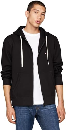 Tommy Hilfiger Herren Hoodie mit Reißverschluss Essential Fleece Zip Through mit Taschen, Schwarz (Black), 3XL