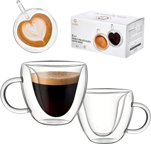 GLASKEY Double Wall Heart Shaped Glass Coffee Mugs Set of 2,Unique and Insulated Glass Espresso Cups with Handle,190ML Espresso Glasses for Coffee,Latte,Cappuccino and Tea