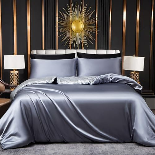 Tospass Housse de Couette Satin 200x200 Gris Blanc Satinée Parure Linge de lit Adulte 2 Personnes Uni Soie Soyeux Brillant Modern Ensemble Literie avec Fermeture éclair et 2x65x65cm Taies d'oreiller