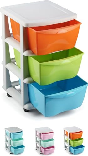 Torre de Almacenamiento con Cajones |Cajoneras Plastico Multicolor Duro Almacenaje con ruedas con 3 cajones | Escritorio,Oficina, escuela,baño, sala de estar - 63x40cm - Hecho en E.U