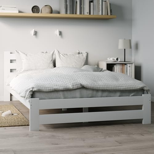 Holzbett 160x200 cm mit Lattenrost Modern Bett Bed Kiefer Massiv Bettgestell Doppelbett Massivholzbett Klassisch | Komfortabel & Langlebig | Skandinavisch Boho Landhaus Kopfteil hoch weiß