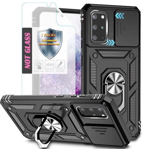 YmhxcY Handyhülle Für Samsung Galaxy S20 Plus Hülle,[mit 1 Stück Schutzfolie],360°Drehen Metallständer，Stoßfester Schutz Hartschale，Mit Kameraschutz，Samsung Galaxy S20 Plus-Schwarz