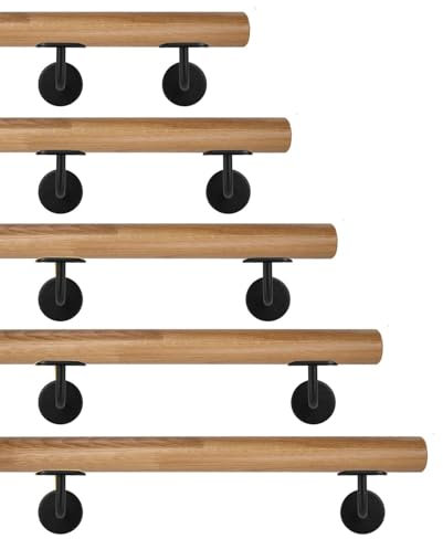 TIBU Eiche keilgezinkt Holz Handlauf Geländer 0,3m - 6m, Länge 180 cm und 2 Edelstahl Halter Schwarz