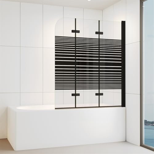 IMPTS 140x140 CM Duschwand für Badewanne 3 teilig Schwarz Duschabtrennung Badewannenaufsatz Teilsatiniert Faltwand 180° Faltbar 6mm ESG-Sicherheitsglas mit NANO-Beschichtung | RECHTS